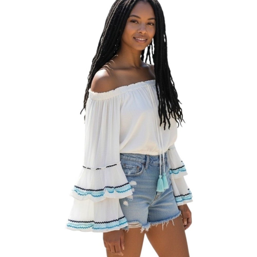 Surf Gypsy Beach Crop Top White Off Shoulder Ruffle Bell Sleeve Boho Festival M
